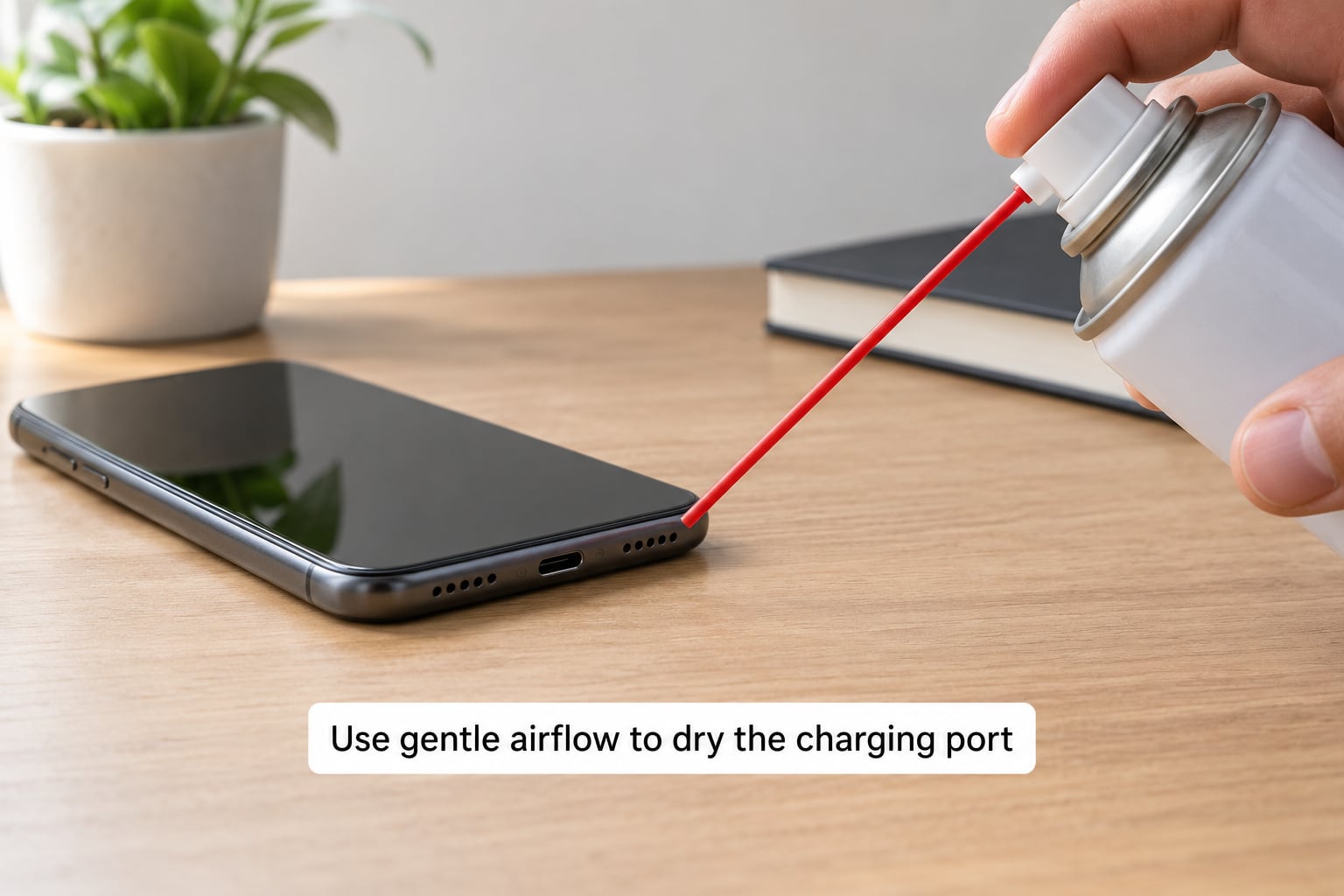 Use gentle airflow to dry the charging port