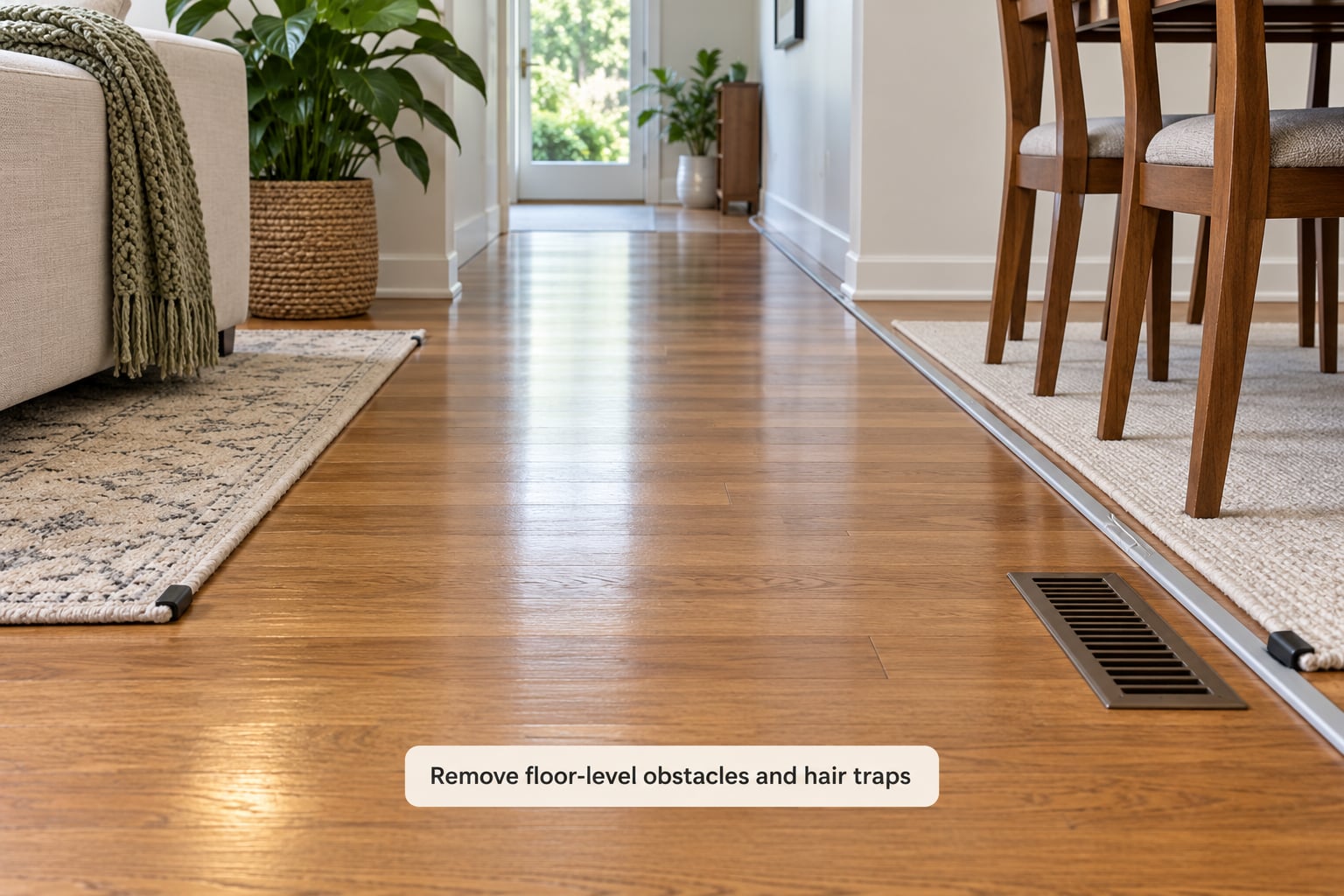 Remove floor-level obstacles and hair traps